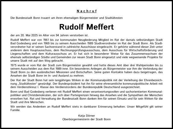 Anzeige von Rudolf Meffert von Kölner Stadt-Anzeiger / Kölnische Rundschau / Express