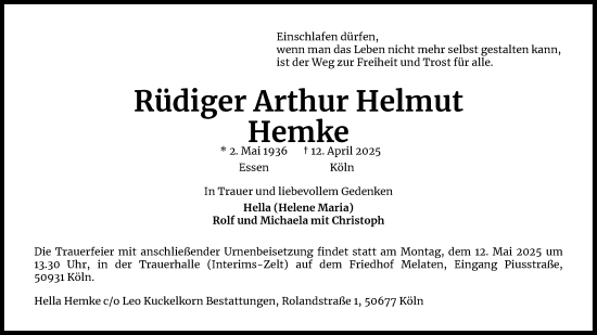 Anzeige von Rüdiger Arthur Helmut Hemke von Kölner Stadt-Anzeiger / Kölnische Rundschau / Express