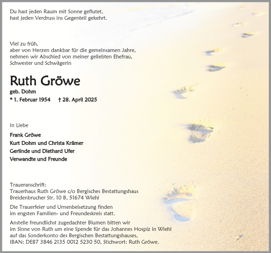 Anzeige von Ruth Gröwe von Kölner Stadt-Anzeiger / Kölnische Rundschau / Express
