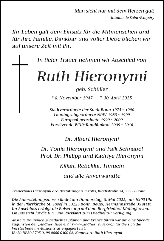 Anzeige von Ruth Hieronymi von Kölner Stadt-Anzeiger / Kölnische Rundschau / Express