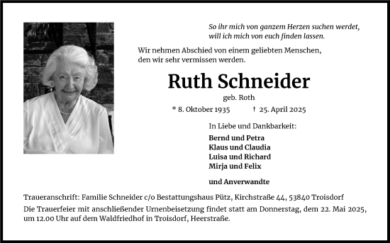 Anzeige von Ruth Schneider von Kölner Stadt-Anzeiger / Kölnische Rundschau / Express