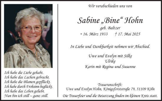 Anzeige von Sabine Hohn von Kölner Stadt-Anzeiger / Kölnische Rundschau / Express