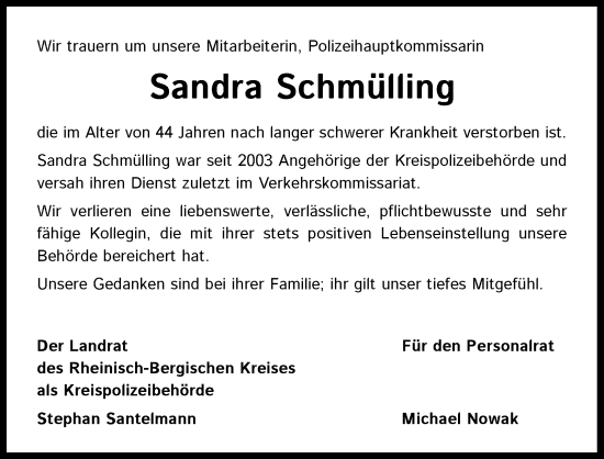 Anzeige von Sandra Schmülling von Kölner Stadt-Anzeiger / Kölnische Rundschau / Express
