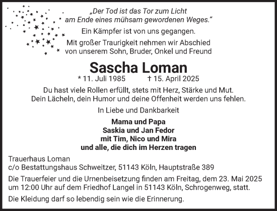 Anzeige von Sascha Loman von  EXPRESS - Die Woche 