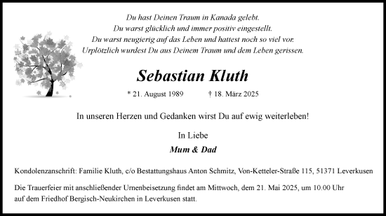Anzeige von Sebastian Kluth von Kölner Stadt-Anzeiger / Kölnische Rundschau / Express