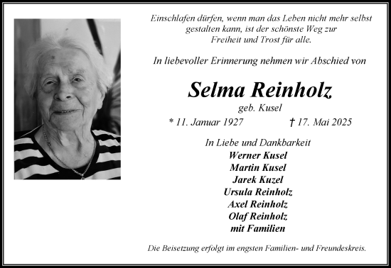 Anzeige von Selma Reinholz von Kölner Stadt-Anzeiger / Kölnische Rundschau / Express