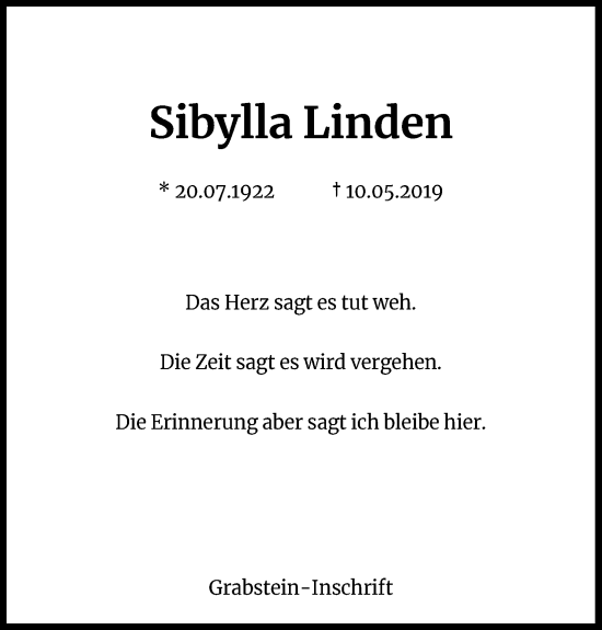 Anzeige von Sibylla Linden von Kölner Stadt-Anzeiger / Kölnische Rundschau / Express