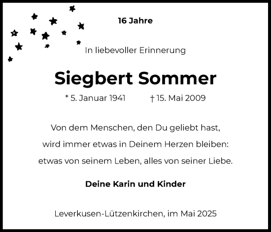 Anzeige von Siegbert Sommer von Kölner Stadt-Anzeiger / Kölnische Rundschau / Express