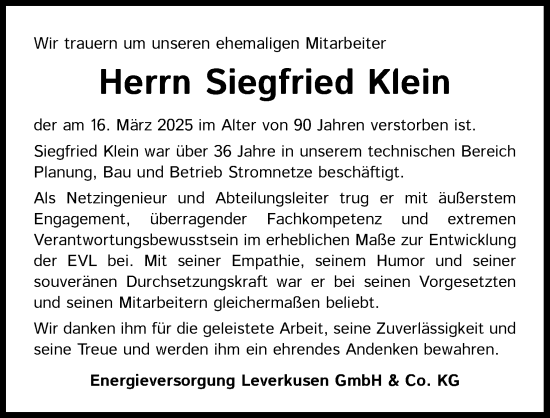 Anzeige von Siegfried Klein von Kölner Stadt-Anzeiger / Kölnische Rundschau / Express