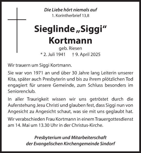 Anzeige von Sieglinde Kortmann von  Werbepost 