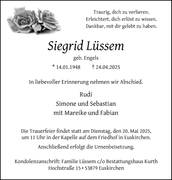 Anzeige von Siegrid Lüssem von Kölner Stadt-Anzeiger / Kölnische Rundschau / Express