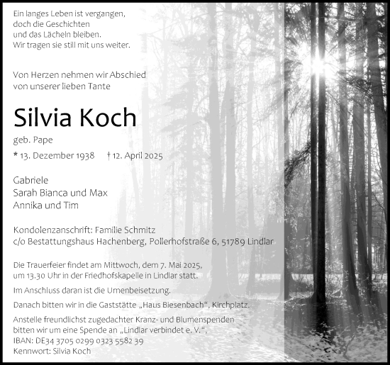 Anzeige von Silvia Koch von Kölner Stadt-Anzeiger / Kölnische Rundschau / Express