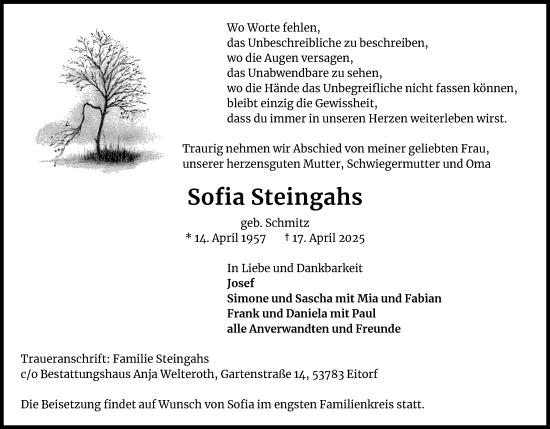 Anzeige von Sofia Steingahs von Kölner Stadt-Anzeiger / Kölnische Rundschau / Express