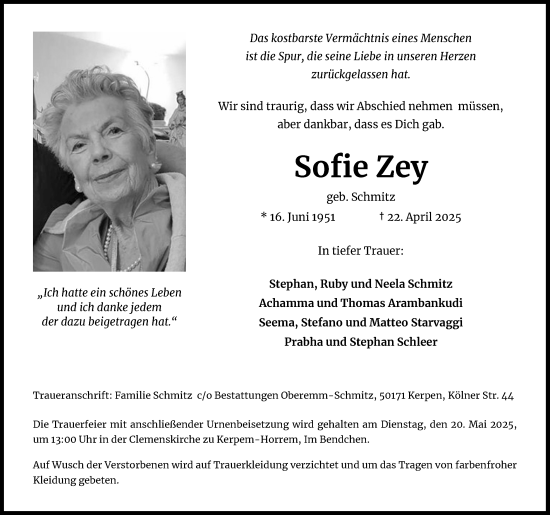 Anzeige von Sofie Zey von Kölner Stadt-Anzeiger / Kölnische Rundschau / Express