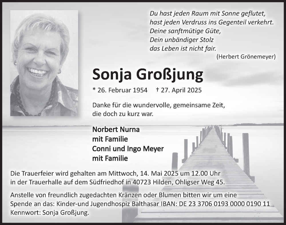  Traueranzeige für Sonja Großjung vom 02.05.2025 aus  Bergisches Handelsblatt 