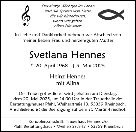 Anzeige von Svetlana Hennes von  Schaufenster/Blickpunkt 