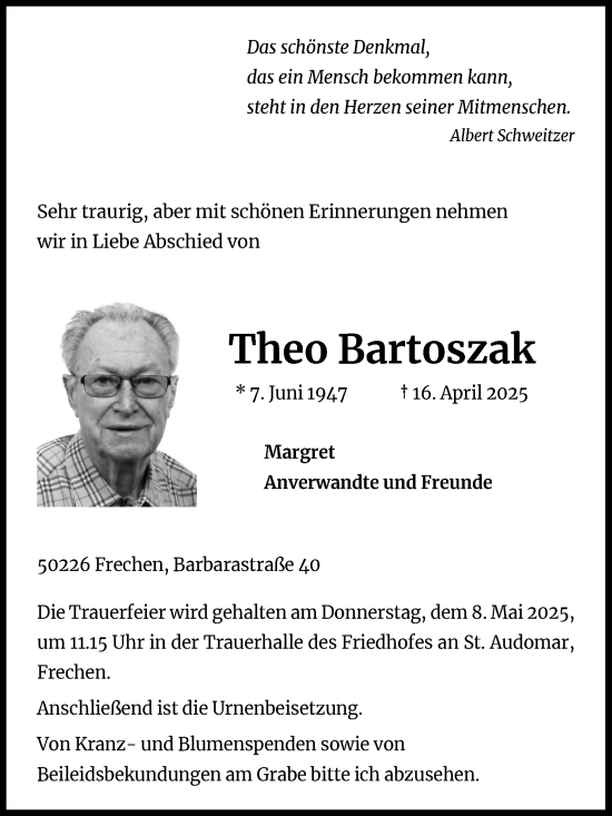 Anzeige von Theo Bartoszak von Kölner Stadt-Anzeiger / Kölnische Rundschau / Express