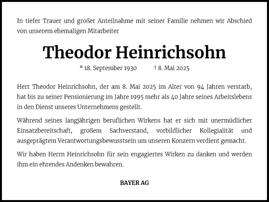 Anzeige von Theodor Heinrichsohn von Kölner Stadt-Anzeiger / Kölnische Rundschau / Express