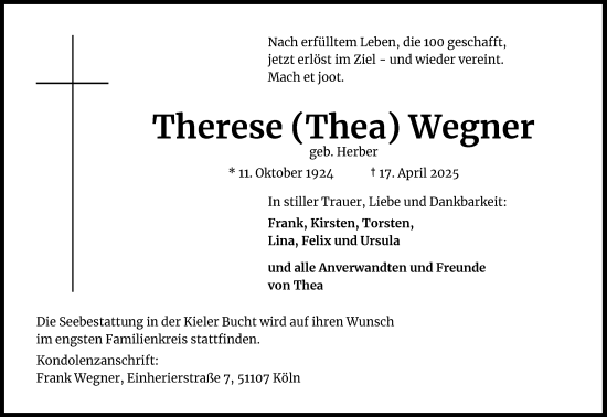 Anzeige von Therese Wegner von Kölner Stadt-Anzeiger / Kölnische Rundschau / Express