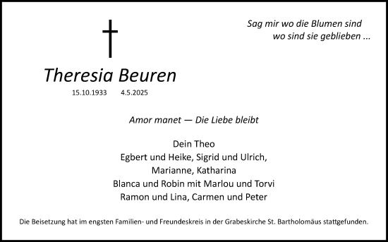 Anzeige von Theresia Beuren von Kölner Stadt-Anzeiger / Kölnische Rundschau / Express