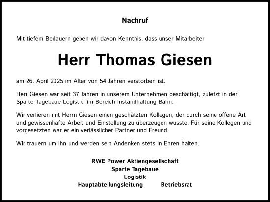 Anzeige von Thomas Giesen von Kölner Stadt-Anzeiger / Kölnische Rundschau / Express