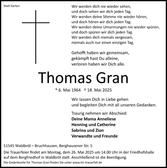 Anzeige von Thomas Gran von  Lokalanzeiger 
