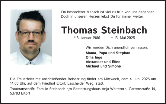 Anzeige von Thomas Steinbach von Kölner Stadt-Anzeiger / Kölnische Rundschau / Express