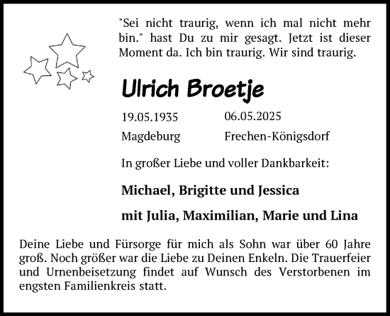 Anzeige von Ulrich Broetje von Kölner Stadt-Anzeiger / Kölnische Rundschau / Express