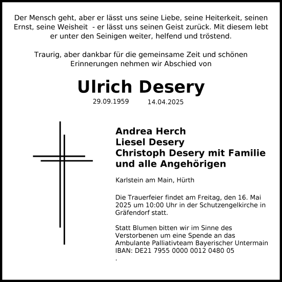 Anzeige von Ulrich Desery von Kölner Stadt-Anzeiger / Kölnische Rundschau / Express