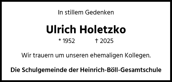 Anzeige von Ulrich Holetzko von Kölner Stadt-Anzeiger / Kölnische Rundschau / Express