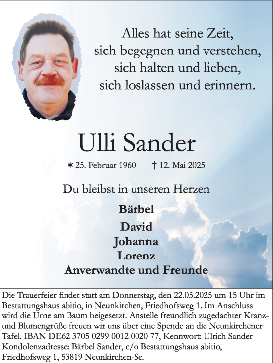 Anzeige von Ulrich Sander von Kölner Stadt-Anzeiger / Kölnische Rundschau / Express