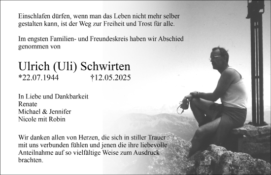 Anzeige von Ulrich Schwirten von  Anzeigen Echo 