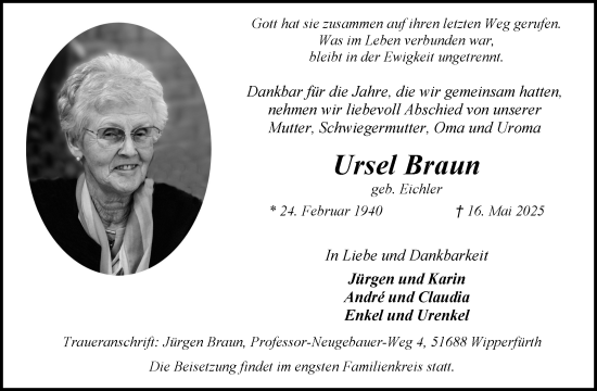 Anzeige von Ursel Braun von Kölner Stadt-Anzeiger / Kölnische Rundschau / Express