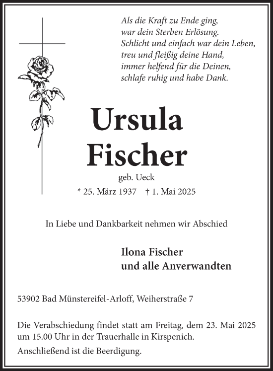 Anzeige von Ursula Fischer von  Blickpunkt Euskirchen 