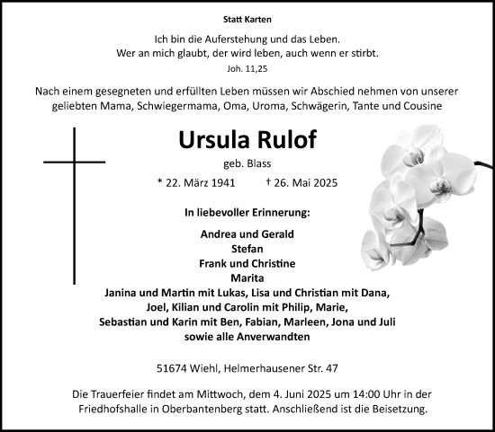 Anzeige von Ursula Rulof von Kölner Stadt-Anzeiger / Kölnische Rundschau / Express
