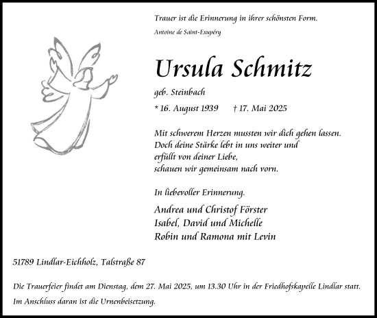 Anzeige von Ursula Schmitz von Kölner Stadt-Anzeiger / Kölnische Rundschau / Express