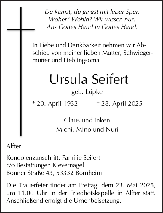 Anzeige von Ursula Seifert von  Schaufenster/Blickpunkt 