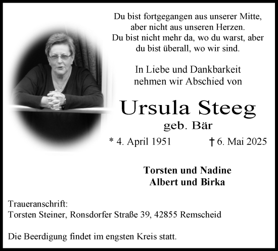 Anzeige von Ursula Steeg von Kölner Stadt-Anzeiger / Kölnische Rundschau / Express