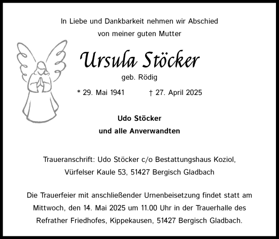 Anzeige von Ursula Stöcker von Kölner Stadt-Anzeiger / Kölnische Rundschau / Express