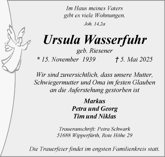 Anzeige von Ursula Wasserfuhr von Kölner Stadt-Anzeiger / Kölnische Rundschau / Express