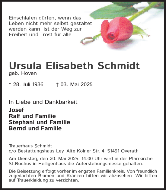 Anzeige von Ursula Elisabeth Schmidt von Kölner Stadt-Anzeiger / Kölnische Rundschau / Express