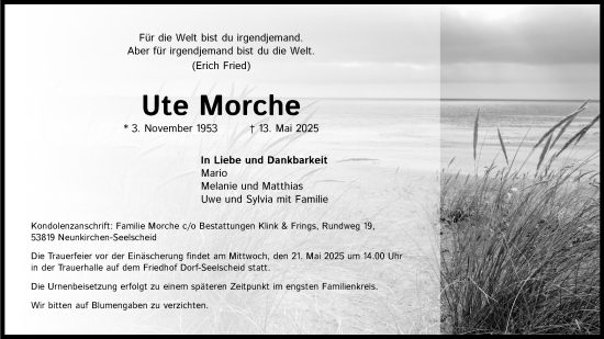 Anzeige von Ute Morche von Kölner Stadt-Anzeiger / Kölnische Rundschau / Express