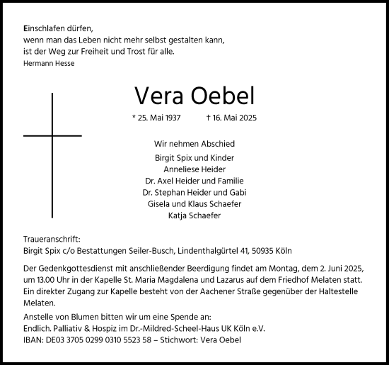 Anzeige von Vera Oebel von Kölner Stadt-Anzeiger / Kölnische Rundschau / Express