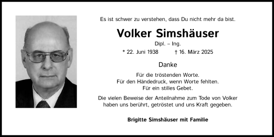 Anzeige von Volker Simshäuser von Kölner Stadt-Anzeiger / Kölnische Rundschau / Express
