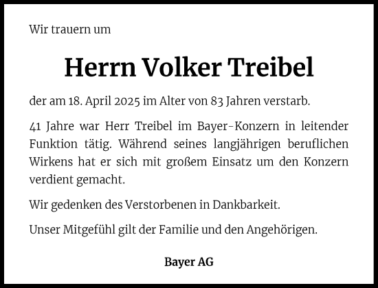 Anzeige von Volker Treibel von Kölner Stadt-Anzeiger / Kölnische Rundschau / Express