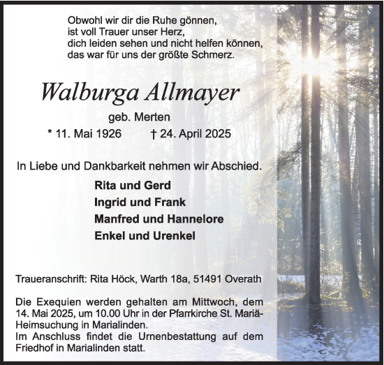 Anzeige von Walburga Allmayer von Kölner Stadt-Anzeiger / Kölnische Rundschau / Express