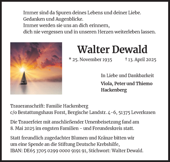 Anzeige von Walter Dewald von Kölner Stadt-Anzeiger / Kölnische Rundschau / Express