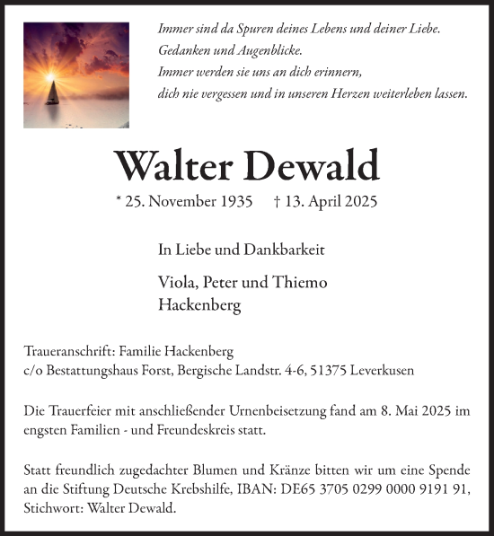 Anzeige von Walter Dewald von  Lokale Informationen 