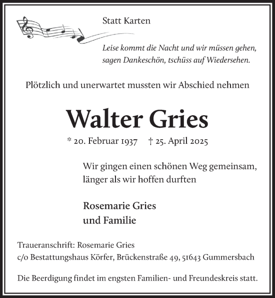 Anzeige von Walter Gries von  Anzeigen Echo 