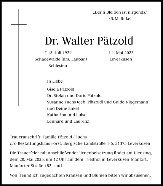 Anzeige von Walter Pätzold von Kölner Stadt-Anzeiger / Kölnische Rundschau / Express